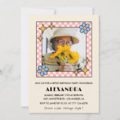 100歳の誕生日の招待レトロGroovy Blueフローラ 招待状 (正面)