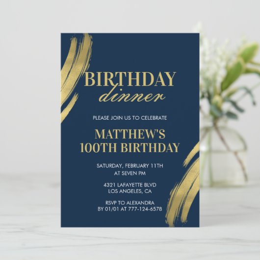 100歳の誕生日の招待誕生日ディナーメンネイビー 招待状 (スタンド正面)