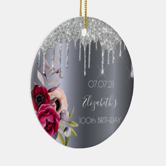 100歳の誕生日の銀のグリッターはバーガンディ セラミックオーナメント (右)