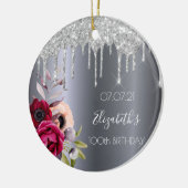 100歳の誕生日の銀のグリッターはバーガンディ セラミックオーナメント (左)