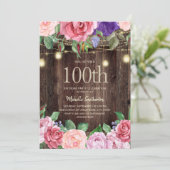 100歳の誕生日をお祝いするピンクと紫のバラのガーランド 招待状 (スタンド正面)