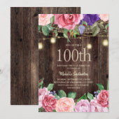 100歳の誕生日をお祝いするピンクと紫のバラのガーランド 招待状 (正面/裏面)