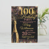 100歳の誕生日を祝うゴールドとピンクの華やかな花火 招待状 (スタンド正面)