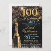 100歳の誕生日を祝うゴールドブルーのシャンパン花火 招待状 (正面)