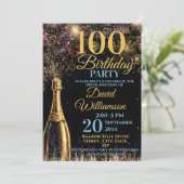 100歳の誕生日を祝うゴールドブルーのシャンパン花火 招待状 (スタンド正面)