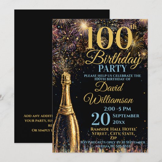 100歳の誕生日を祝うゴールドブルーのシャンパン花火 招待状 (正面/裏面)