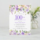 100歳の誕生日を祝うパープルの花のサプライズパーティー 招待状 (スタンド正面)