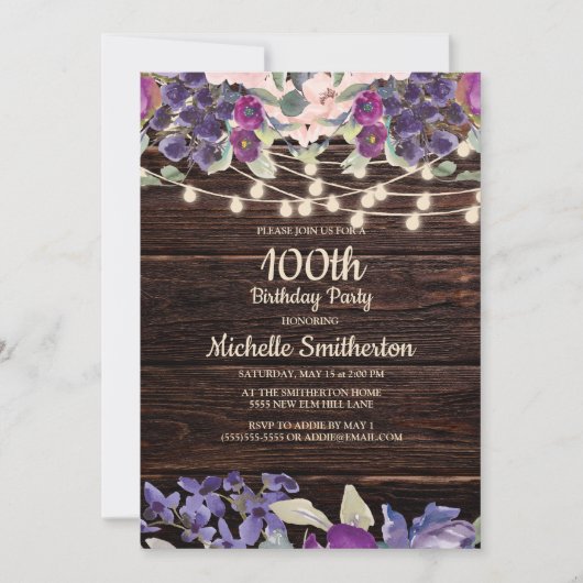 100歳の誕生日を祝うレトロな雰囲気のストリングライトと紫の花 招待状 (正面)