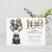 100歳の誕生日を祝う青い風船のケーキサプライズパーティー 招待状 (スタンド正面)