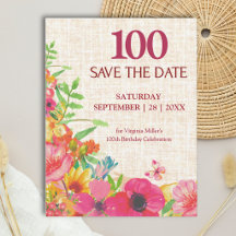 100歳の誕生日を華やかに祝う Bold Floral Linen Save the Date