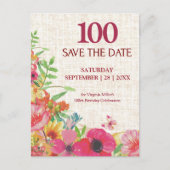 100歳の誕生日を華やかに祝う Bold Floral Linen Save the Date 案内ポストカード (正面)