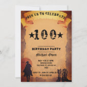 100歳の誕生日カウボーイ古い紙乗馬パーティー 招待状 (正面)