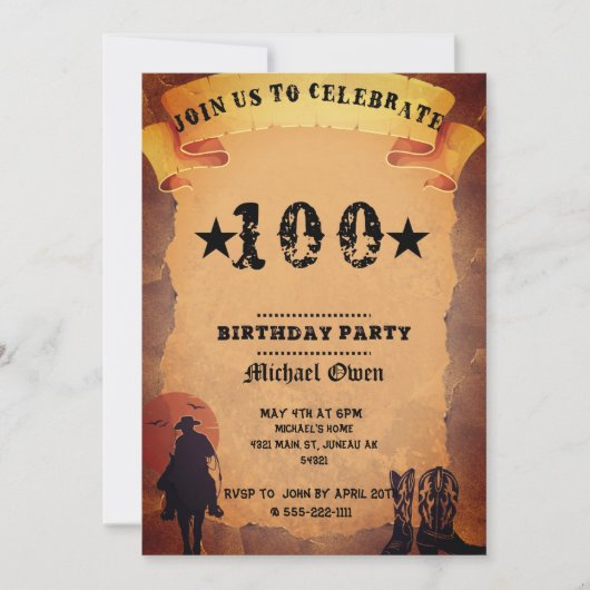 100歳の誕生日カウボーイ古い紙乗馬パーティー 招待状 (正面)