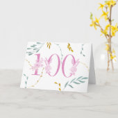100歳の誕生日グリッター葉·ピンクホワイト カード (黄色い花)