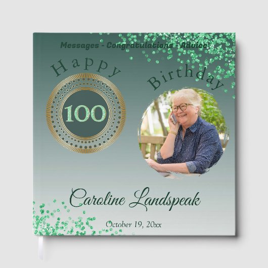 100歳の誕生日グリーンラメフォトパーソナライズ ゲストブック (正面)