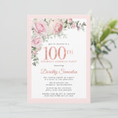 100歳の誕生日サプライズパーティー ピンクの花 招待状 (スタンド正面)