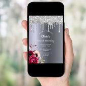 100歳の誕生日シルバーグリッタードリップブルゴーニュフローラ 招待状