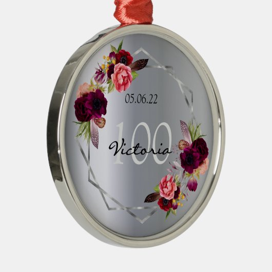 100歳の誕生日シルバー花模様幾何学模様 メタルオーナメント (右)