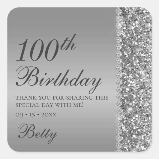 100歳の誕生日シルバー スクエアシール (正面)