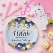 100歳の誕生日ネイビーゴールドバルーンパーティー ペーパープレート (パーティー)