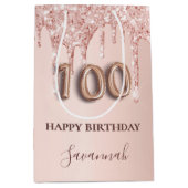 100歳の誕生日バラ金ゴールドグリッターピンクバルーン ミディアムペーパーバッグ (正面)