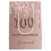 100歳の誕生日バラ金ゴールドグリッターピンクバルーン ミディアムペーパーバッグ (裏面)