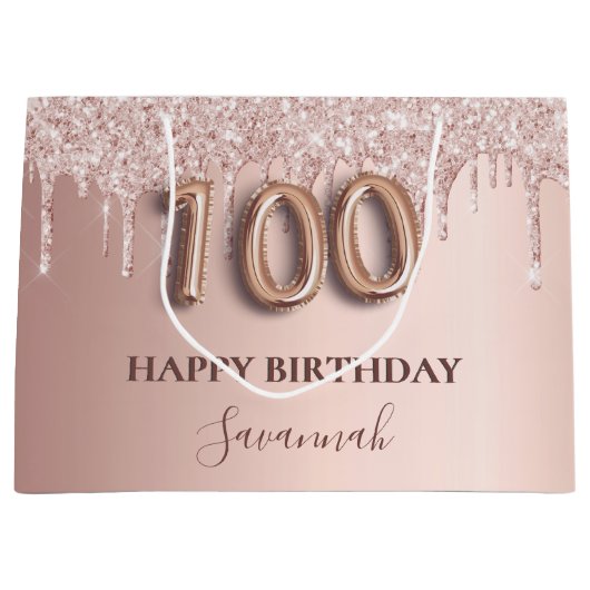 100歳の誕生日バラ金ゴールドグリッター赤面ピンク ラージペーパーバッグ (正面)
