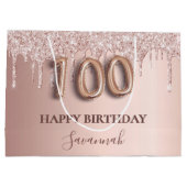 100歳の誕生日バラ金ゴールドグリッター赤面ピンク ラージペーパーバッグ (裏面)