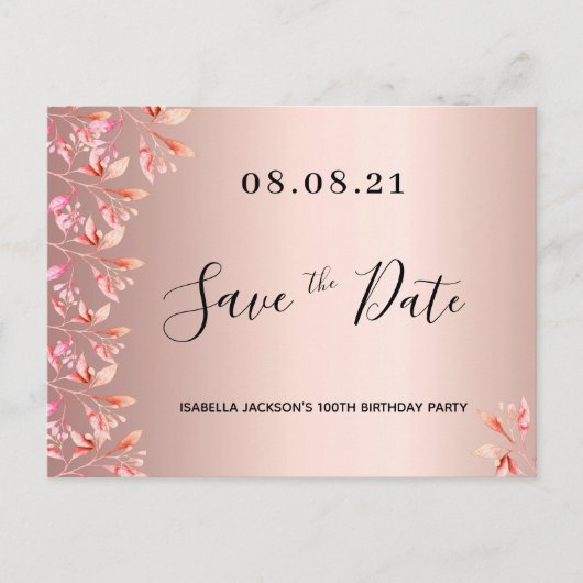 100歳の誕生日バラ金ゴールドピンクフローラ日付を保存 ポストカード (正面)