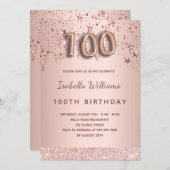 100歳の誕生日バラ金ゴールドピンク星バルーンスクリプト 招待状 (正面/裏面)