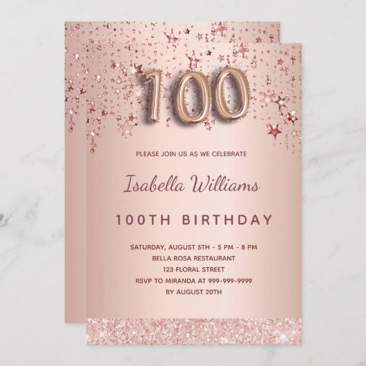 100歳の誕生日バラ金ゴールドピンク星バルーンスクリプト 招待状 (正面/裏面)