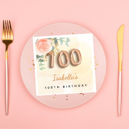 100歳の誕生日バラ金ゴールドユーカリ・モノグラム スタンダードカクテルナプキン