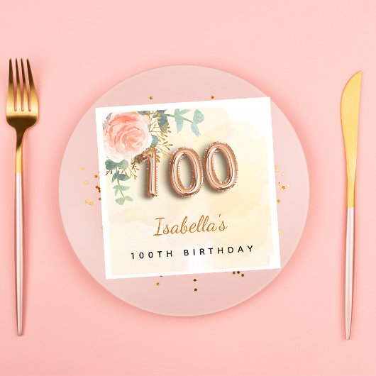 100歳の誕生日バラ金ゴールドユーカリ・モノグラム スタンダードカクテルナプキン