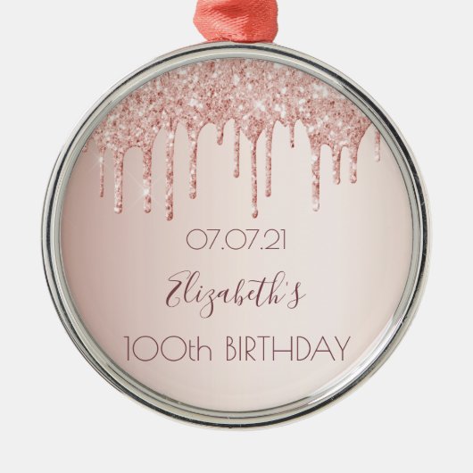 100歳の誕生日バラ金ゴールド赤面グリッター乾燥 メタルオーナメント (正面)