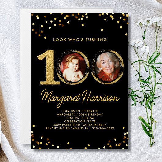 100歳の誕生日パーティーのゴールドグリッターコンフェッティ写真 招待状