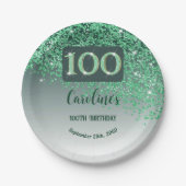100歳の誕生日パーティースパークルグリーンラメ ペーパープレート (正面)