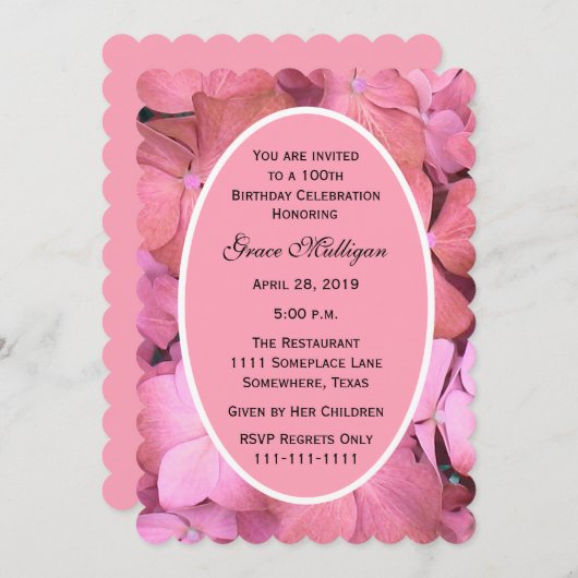100歳の誕生日パーティーピンクのホタテあじさい 招待状 (正面/裏面)
