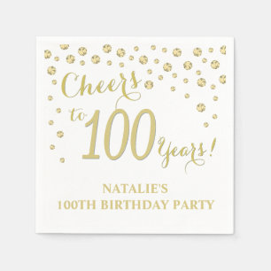 100歳の誕生日パーティーホワイト&金ゴールドダイヤモンド スタンダードカクテルナプキン