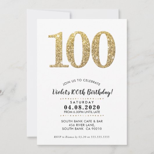 100歳の誕生日パーティー招待状モダン金ゴールドグリッター 招待状 (正面)