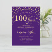 100歳の誕生日パーティー招待状 - ゴールド パープル 招待状 (スタンド正面)