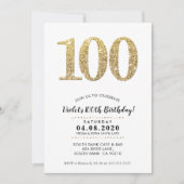 100歳の誕生日パーティー招待　モダンゴールドグリッター 招待状 (正面)