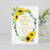 100歳の誕生日パーティー　ひまわり | ユーカリの花束 箔招待状 (立ち正面)