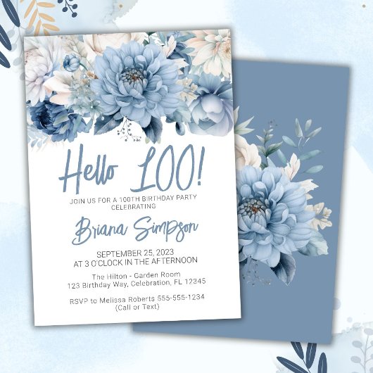 100歳の誕生日パーティー ダスティブルー フローラル 招待状