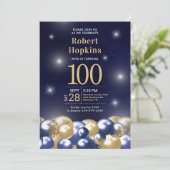 100歳の誕生日パーティー ネイビーブルー ゴールドバルーン 招待状 (スタンド正面)