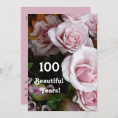 100歳の誕生日パーティー - ピンクのバラの花束 招待状 (正面/裏面)