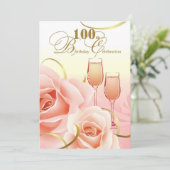 100歳の誕生日パーティー。ピンクの桃色のバラ 招待状 (スタンド正面)