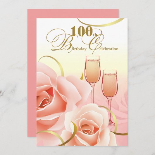 100歳の誕生日パーティー。ピンクの桃色のバラ 招待状 (正面/裏面)