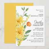 100歳の誕生日パーティー 春の黄色の花 招待状 (正面/裏面)