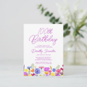 100歳の誕生日パーティー 紫の野の花 お手頃価格 インビテーションポストカード (スタンド正面)