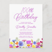 100歳の誕生日パーティー 紫の野の花 お手頃 インビテーションポストカード (正面)